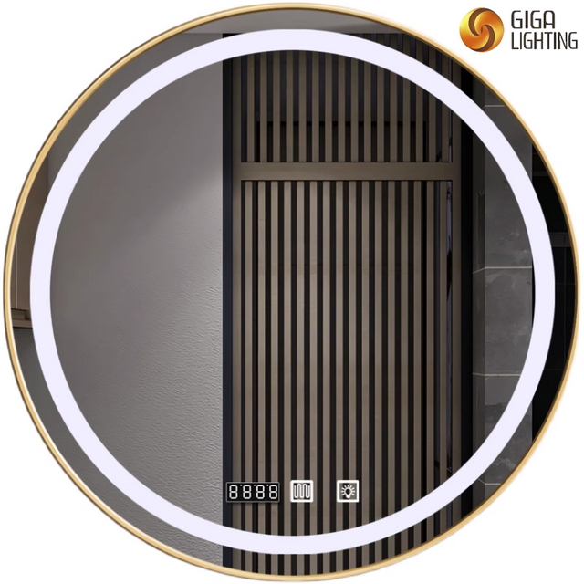 ETL Certification Intelligent Smart Led Bathroom Mirror Aluminium Alloy Gold Edge Touch Screen Round Mirror Wall Mounted Make-up Mirror LED with Light Sensor Luminous Mirror
